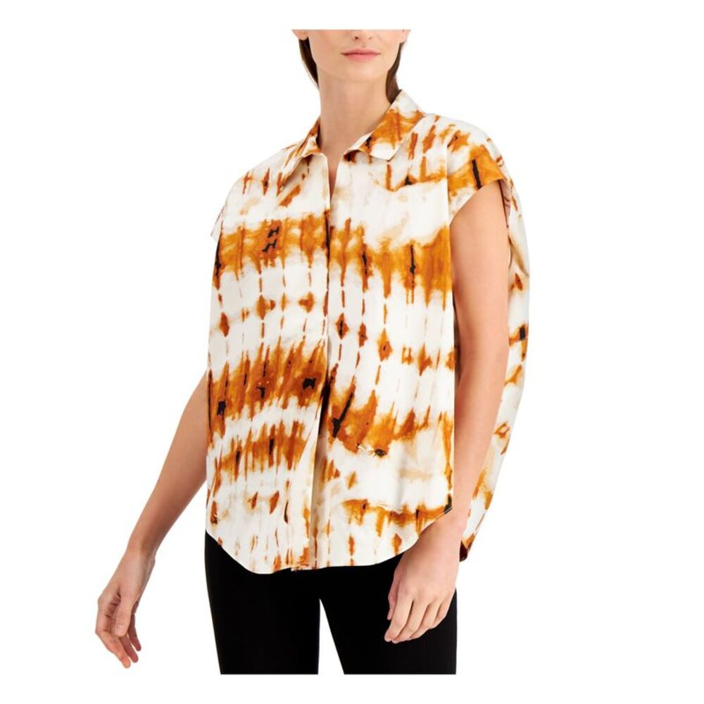 ALFANI Womens Brown Printed Cap Sleeve Point Collar Top L